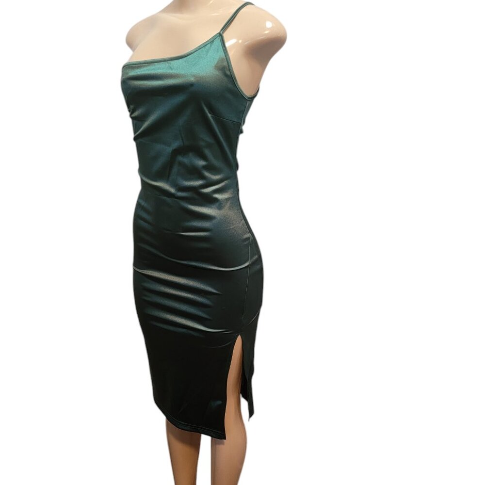 Elegant One Shoulder Sleeveless Split Hem Satin Party Cocktail Midi Dress Green - Picture 2 of 13